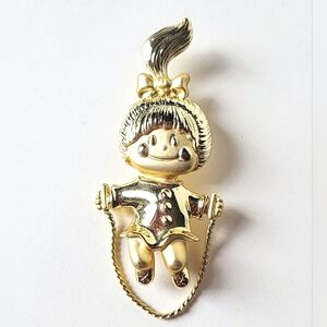 GIRL JUMPING ROPE PIN BROOCH - GOLDTONE AJC SIGNED
